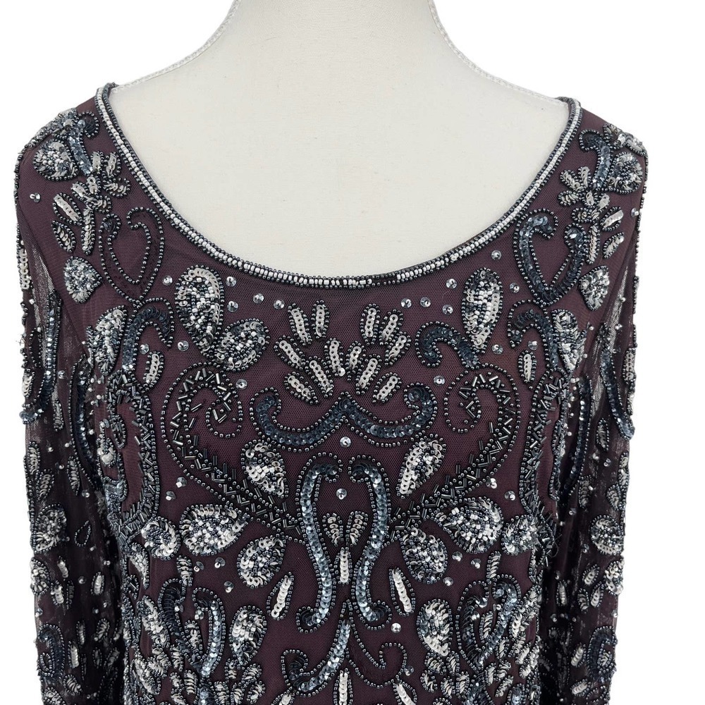Vintage Pisarro Nights Mini Dress Beaded Sequins Long‎ Sleeve Deep Purple 14
